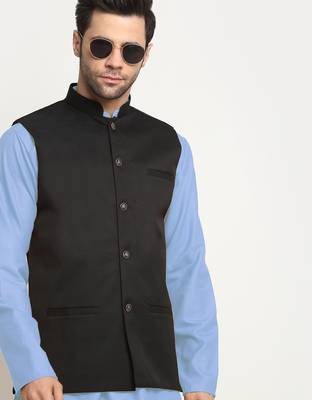 Cotton sky blue kurta and pyjama with twill black nehru jacket 5
