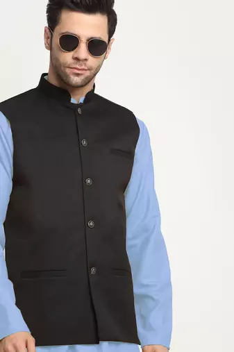 Cotton sky blue kurta and pyjama with twill black nehru jacket