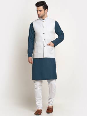 Cotton denim blue kurta and pyjama with white nehru jacket 1