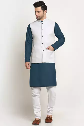 Cotton denim blue kurta and pyjama with white nehru jacket