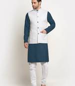 Cotton denim blue kurta and pyjama with white nehru jacket
