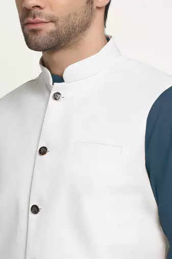 Cotton denim blue kurta and pyjama with white nehru jacket
