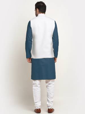 Cotton denim blue kurta and pyjama with white nehru jacket 3