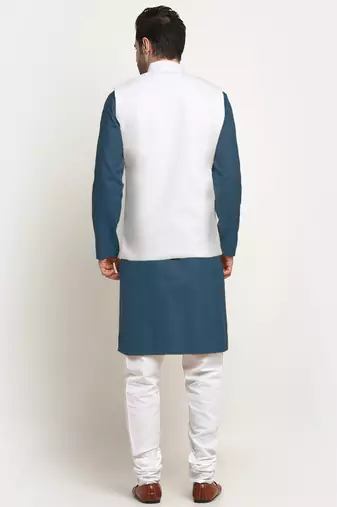 Cotton denim blue kurta and pyjama with white nehru jacket
