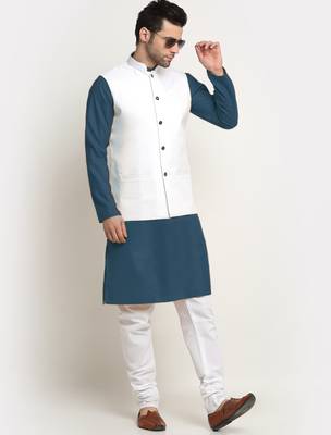 Cotton denim blue kurta and pyjama with white nehru jacket 4