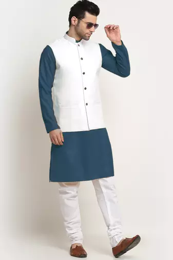 Cotton denim blue kurta and pyjama with white nehru jacket
