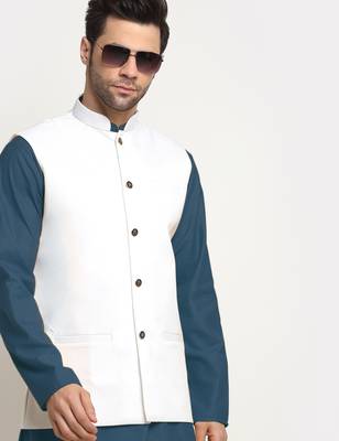 Cotton denim blue kurta and pyjama with white nehru jacket 5