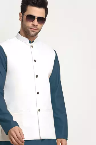 Cotton denim blue kurta and pyjama with white nehru jacket