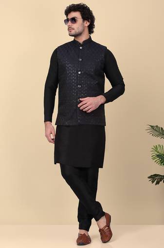Men silk blend black kurta and churidar with embroidered navy blue nehru jacket