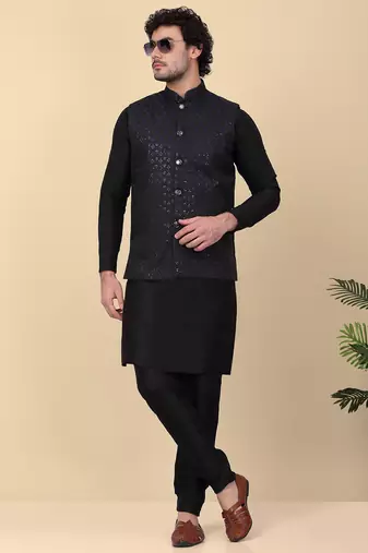 Men silk blend black kurta and churidar with embroidered navy blue nehru jacket