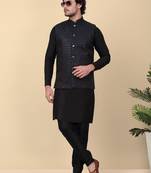 Men silk blend black kurta and churidar with embroidered navy blue nehru jacket