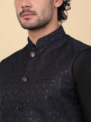 Men silk blend black kurta and churidar with embroidered navy blue nehru jacket 2