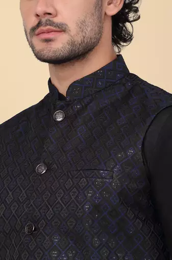 Men silk blend black kurta and churidar with embroidered navy blue nehru jacket