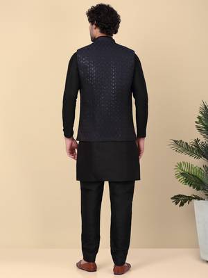 Men silk blend black kurta and churidar with embroidered navy blue nehru jacket 3