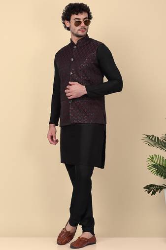 Men silk blend black kurta and churidar with embroidered purple nehru jacket