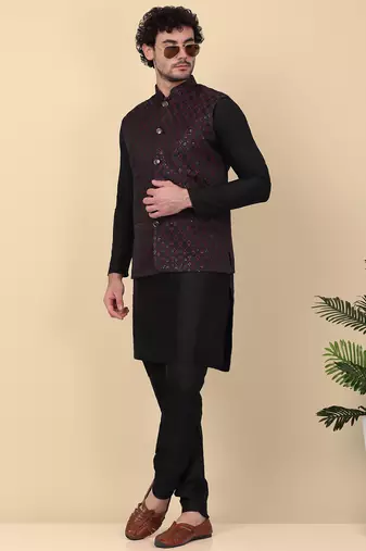 Men silk blend black kurta and churidar with embroidered purple nehru jacket