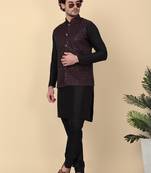 Men silk blend black kurta and churidar with embroidered purple nehru jacket