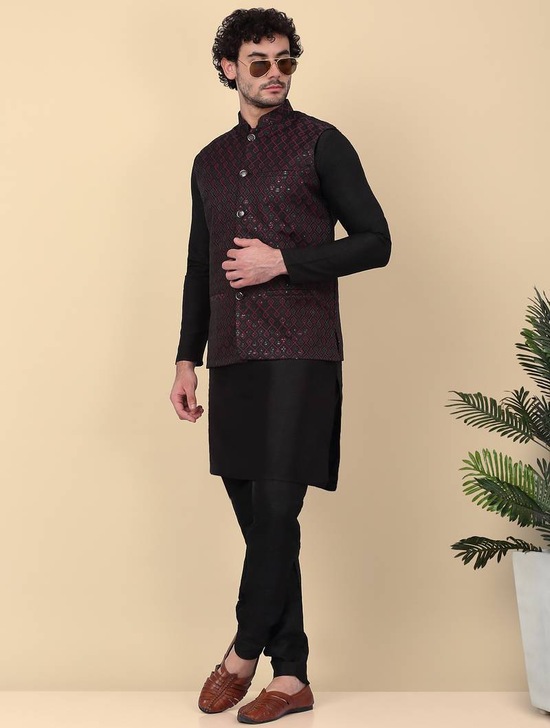 Men silk blend black kurta and churidar with embroidered purple nehru jacket