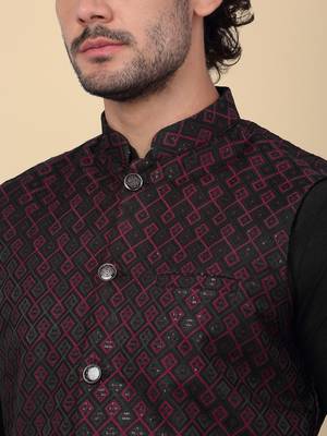 Men silk blend black kurta and churidar with embroidered purple nehru jacket 2