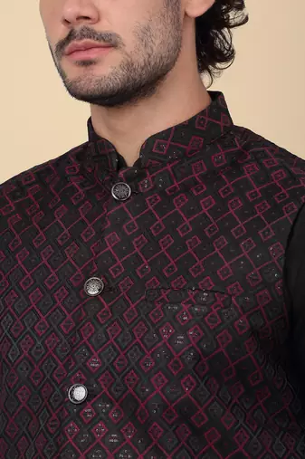 Men silk blend black kurta and churidar with embroidered purple nehru jacket