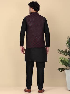 Men silk blend black kurta and churidar with embroidered purple nehru jacket 3