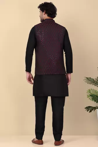 Men silk blend black kurta and churidar with embroidered purple nehru jacket