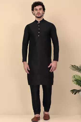 Men silk blend black kurta and churidar with embroidered purple nehru jacket