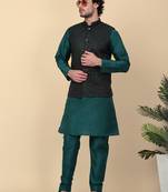 Men silk blend green kurta and churidar with embroidered nehru jacket