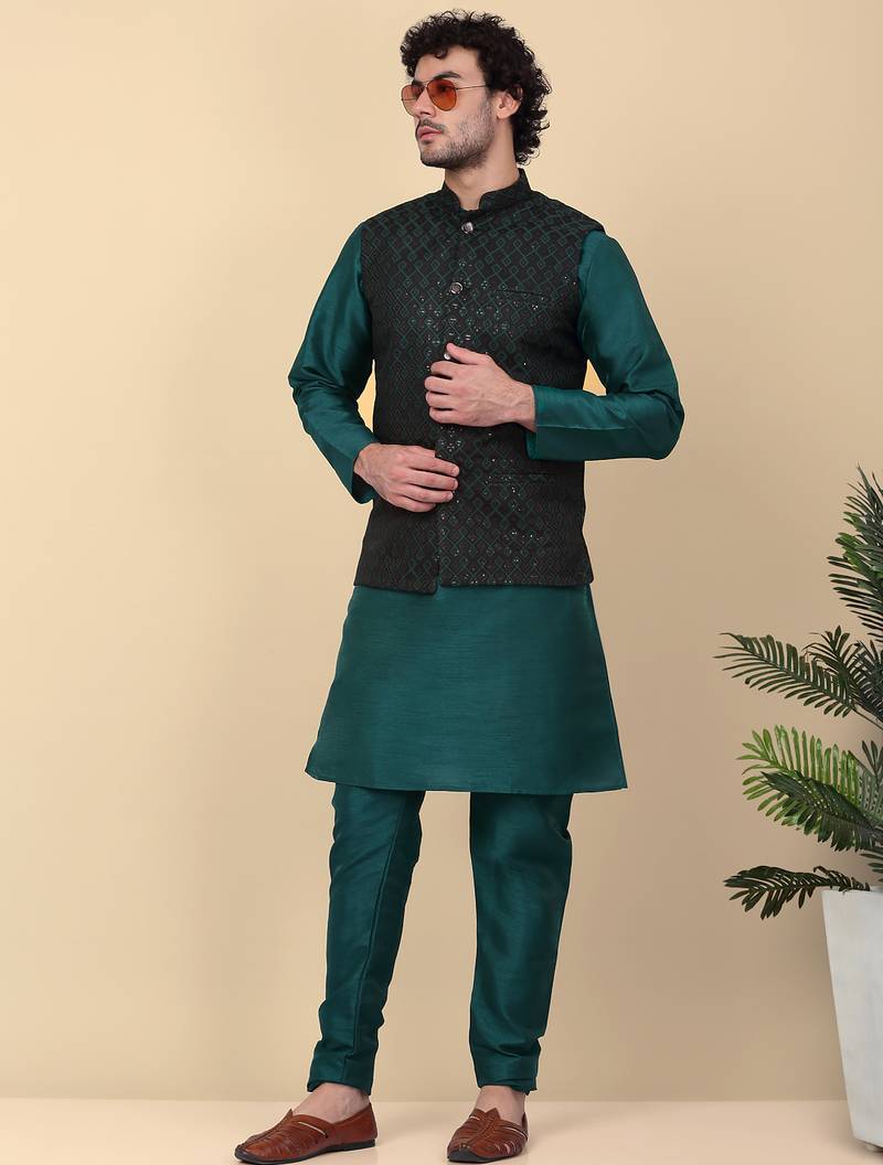 Men silk blend green kurta and churidar with embroidered nehru jacket