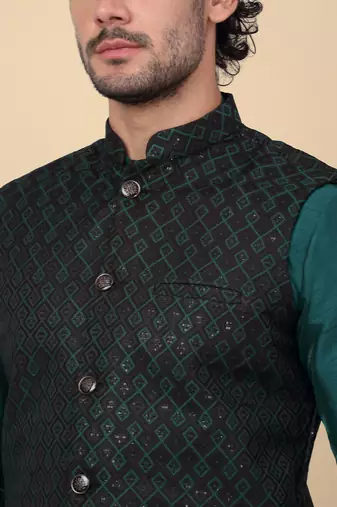 Men silk blend green kurta and churidar with embroidered nehru jacket