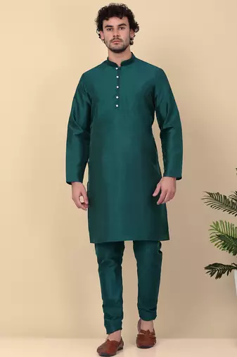 Men silk blend green kurta and churidar with embroidered nehru jacket
