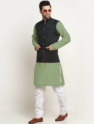 Cotton green kurta and pyjama with twill green nehru jacket 1