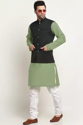 Cotton green kurta and pyjama with twill green nehru jacket