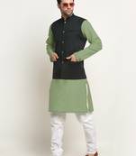 Cotton green kurta and pyjama with twill green nehru jacket