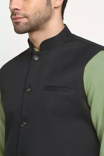 Cotton green kurta and pyjama with twill green nehru jacket