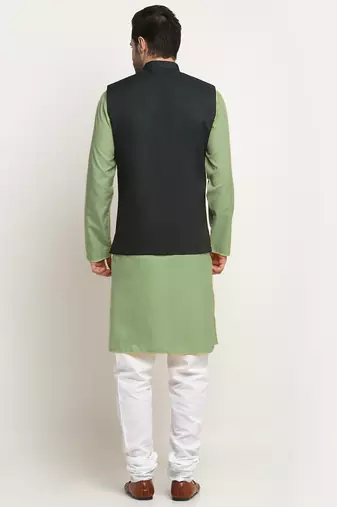 Cotton green kurta and pyjama with twill green nehru jacket