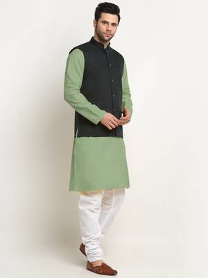 Cotton green kurta and pyjama with twill green nehru jacket 4
