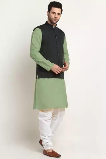 Cotton green kurta and pyjama with twill green nehru jacket