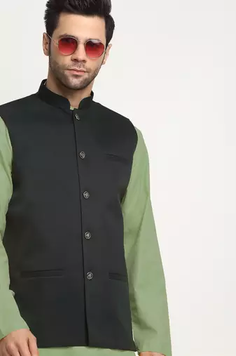 Cotton green kurta and pyjama with twill green nehru jacket