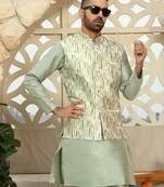 Silk blend solid olive green kurta and churidar with tie-dye green nehru jacket