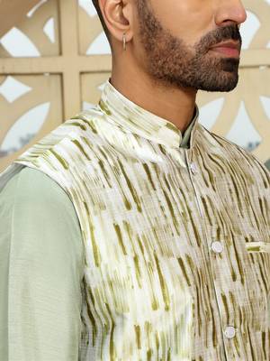 Silk blend solid olive green kurta and churidar with tie-dye green nehru jacket 2