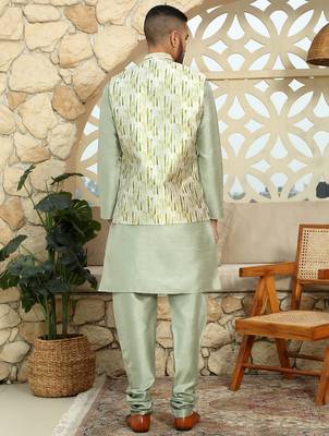 Silk blend solid olive green kurta and churidar with tie-dye green nehru jacket 3