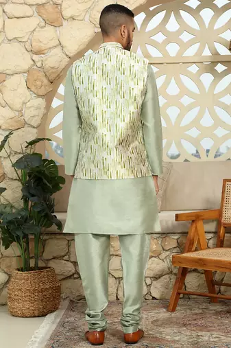 Silk blend solid olive green kurta and churidar with tie-dye green nehru jacket