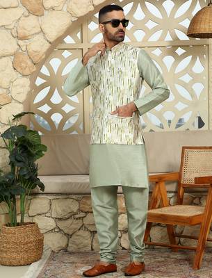 Silk blend solid olive green kurta and churidar with tie-dye green nehru jacket 4