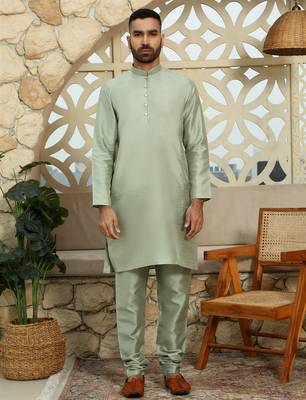 Silk blend solid olive green kurta and churidar with tie-dye green nehru jacket 5
