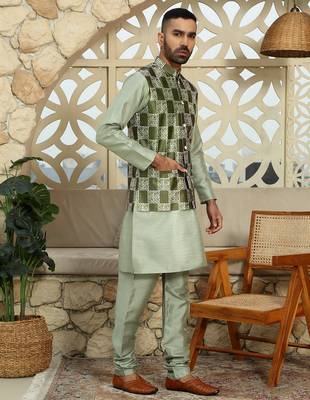 Silk blend solid olive kurta and churidar with green printed nehru jacket 1