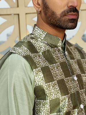 Silk blend solid olive kurta and churidar with green printed nehru jacket 3