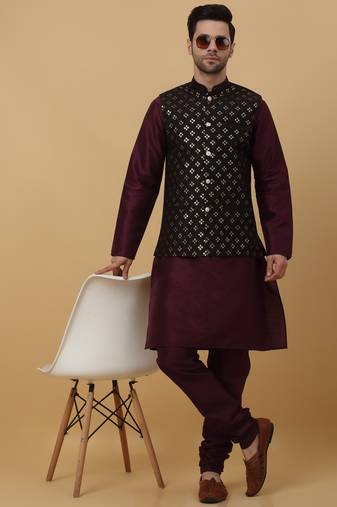 Men's purple kurta and churidar with sequenced cotton silk nehru jacket