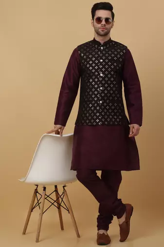 Men's purple kurta and churidar with sequenced cotton silk nehru jacket