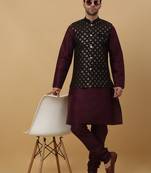 Men's purple kurta and churidar with sequenced cotton silk nehru jacket